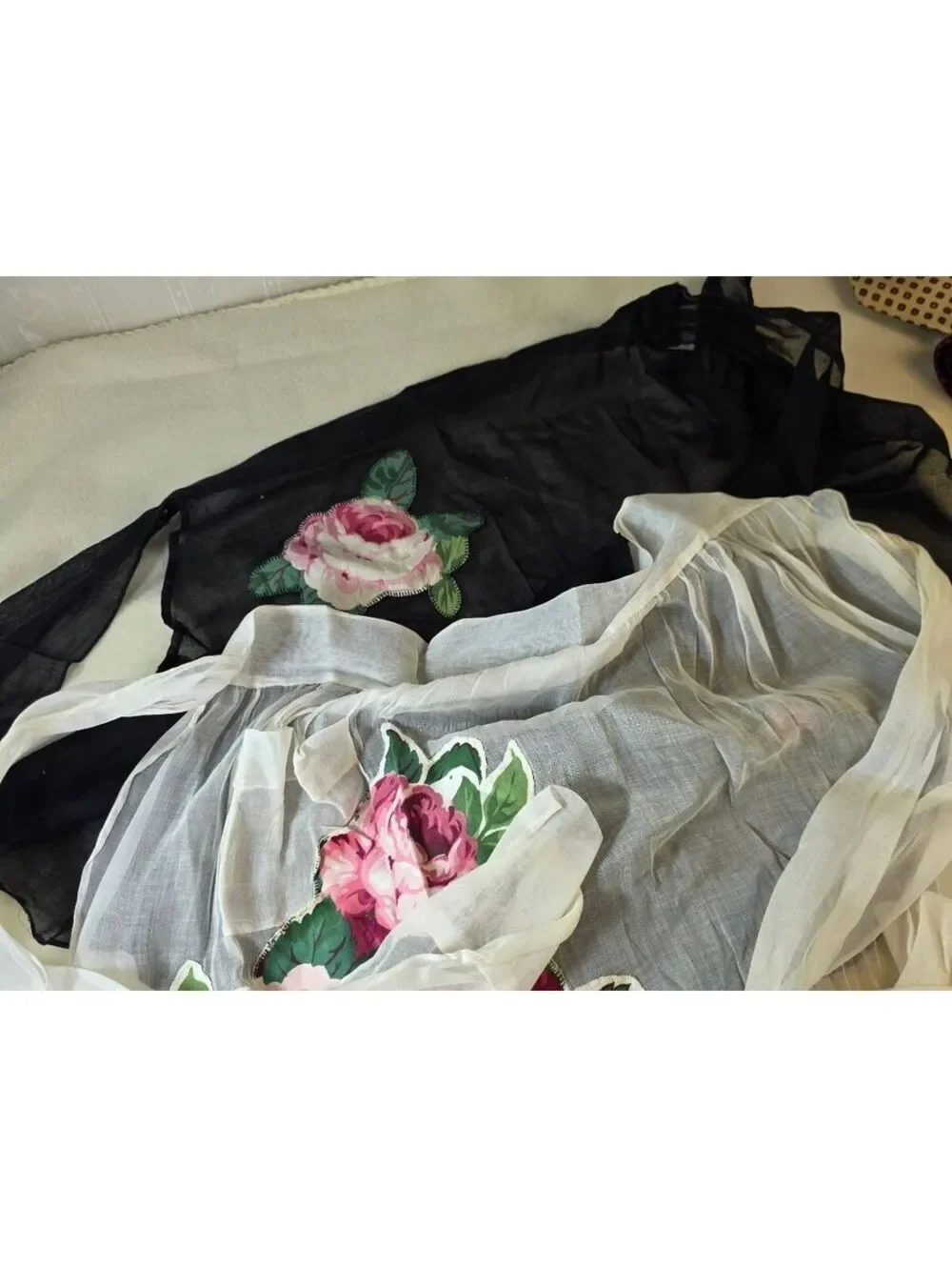 Lot of 2 Sheer Hostess Half Aprons Rose Applique Black Ivory 1950s Style